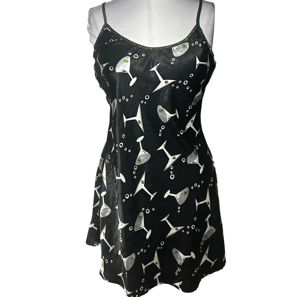 Vintage Martini Print Slip Dress Medium Black Cocktail Glass Glitter Trim